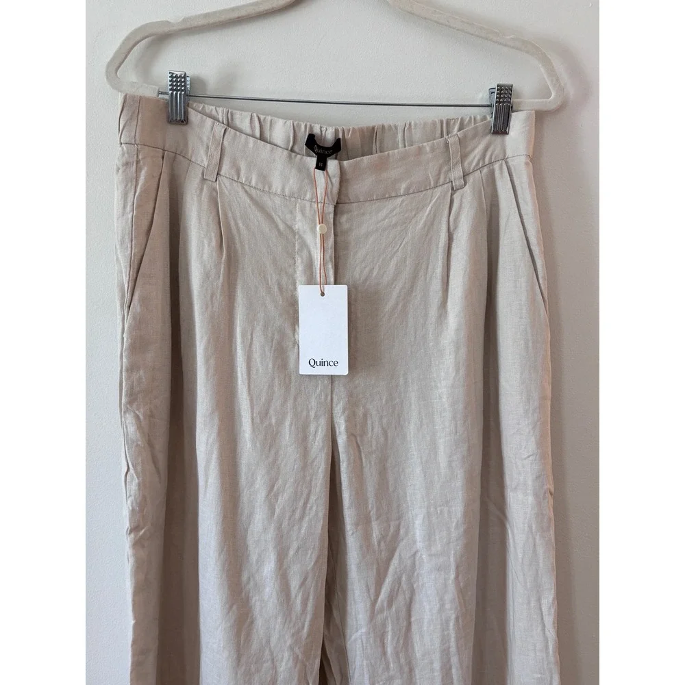 Quince 100% European Linen Pleated Trouser Wide Leg‎ Pants Beige NWT Womens 14